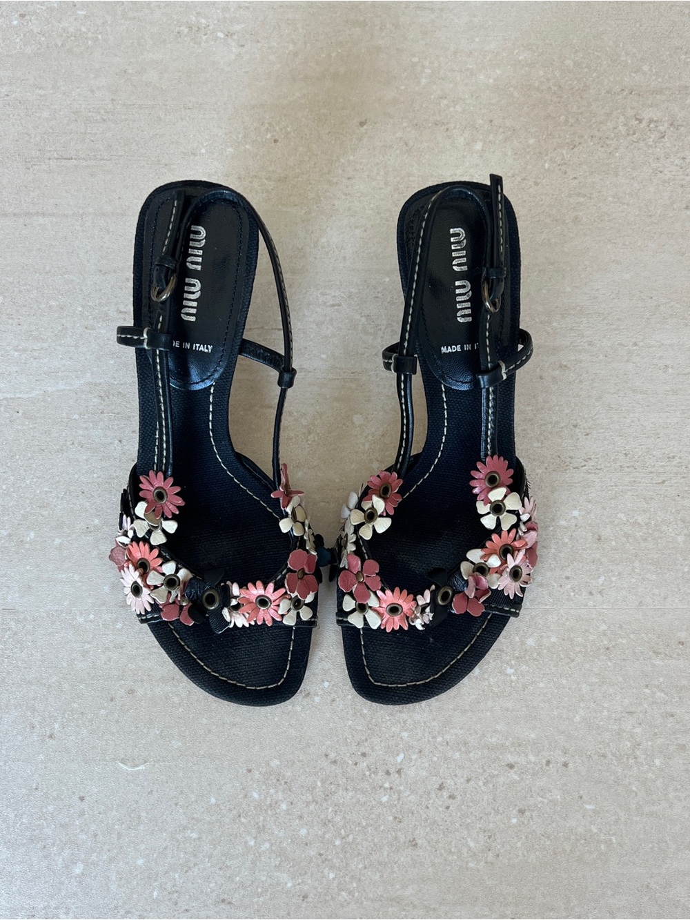 Miu Miu Black Sandal with Pink and Cream Floral Appliqué
